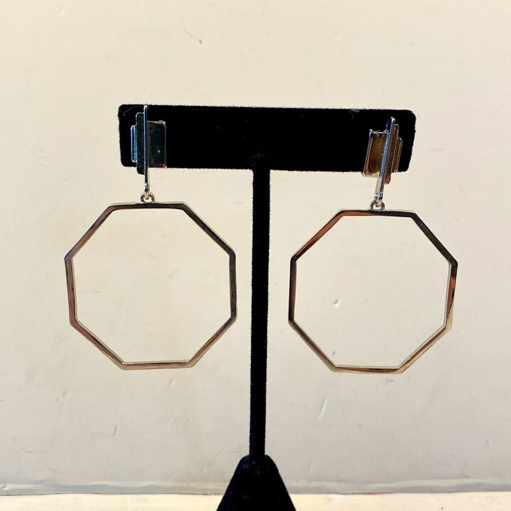 Hexagon, silver tone, dangle earrings modern geometric hoops 1.5”